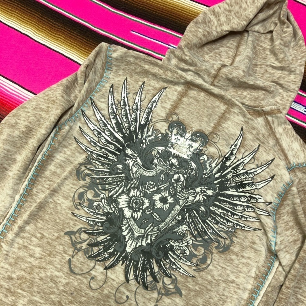 Y2K Hoodie Womne's XL Full Zip Graphic Print Floral Wings Crown Affliction Style